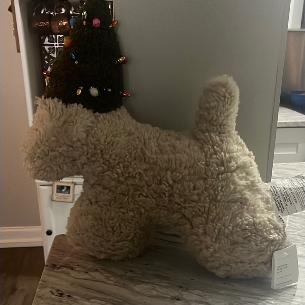 Festive Beige Holiday Dog Plush with Christmas Tree Hat